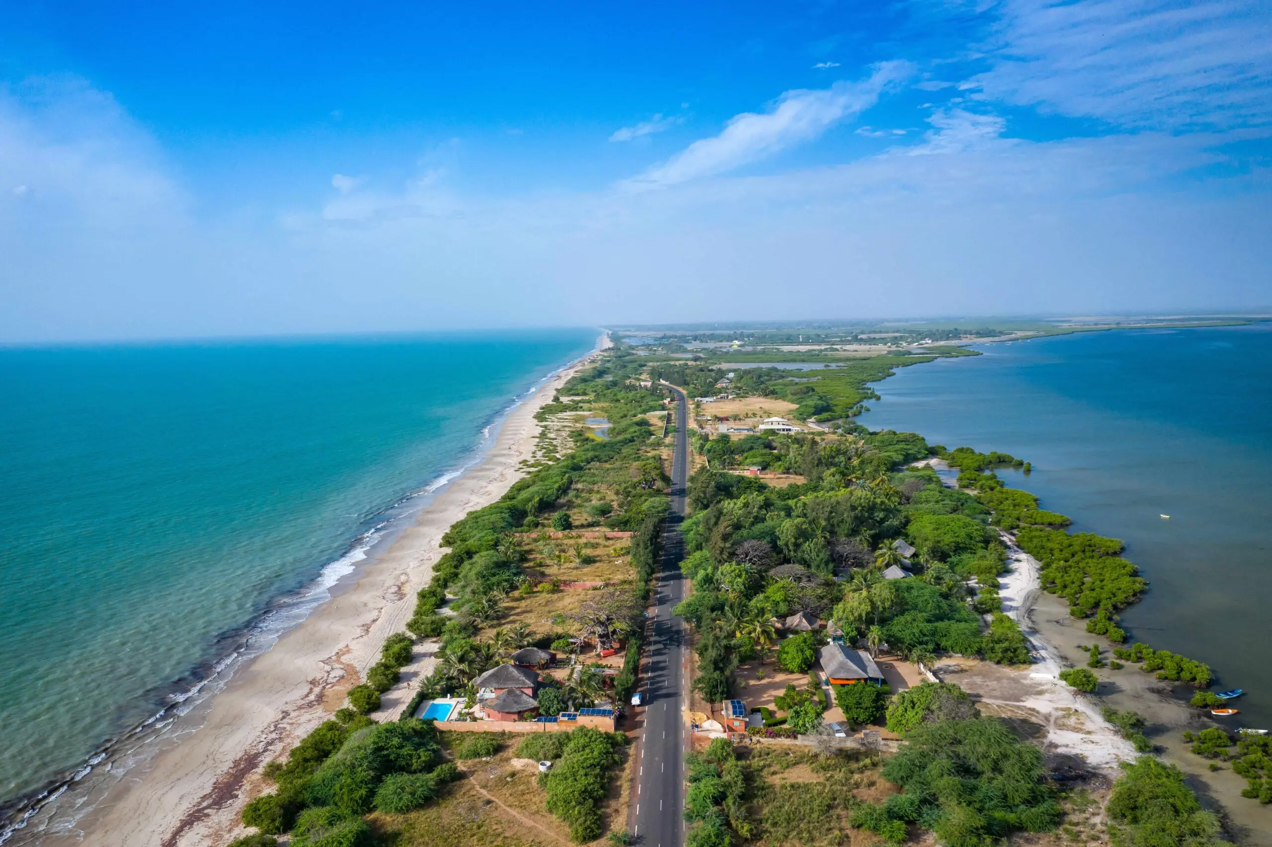 Aerial view of fishing village of Djiffer. Saloum Delta National Park, Joal Fadiout, Senegal. Africa.