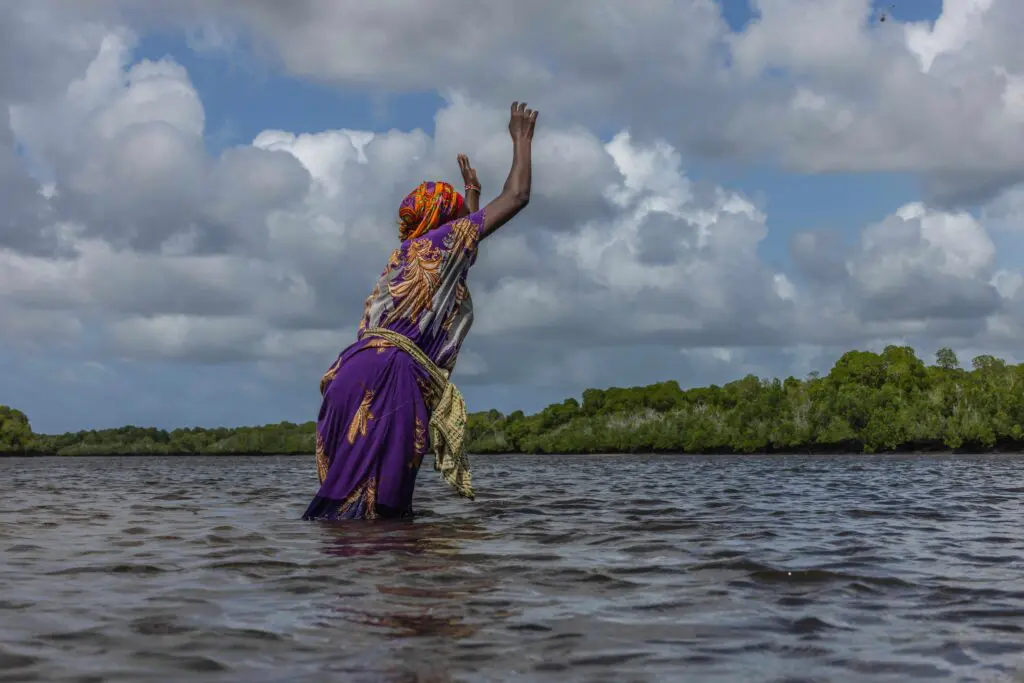 A women casting a fishing net into the ocean