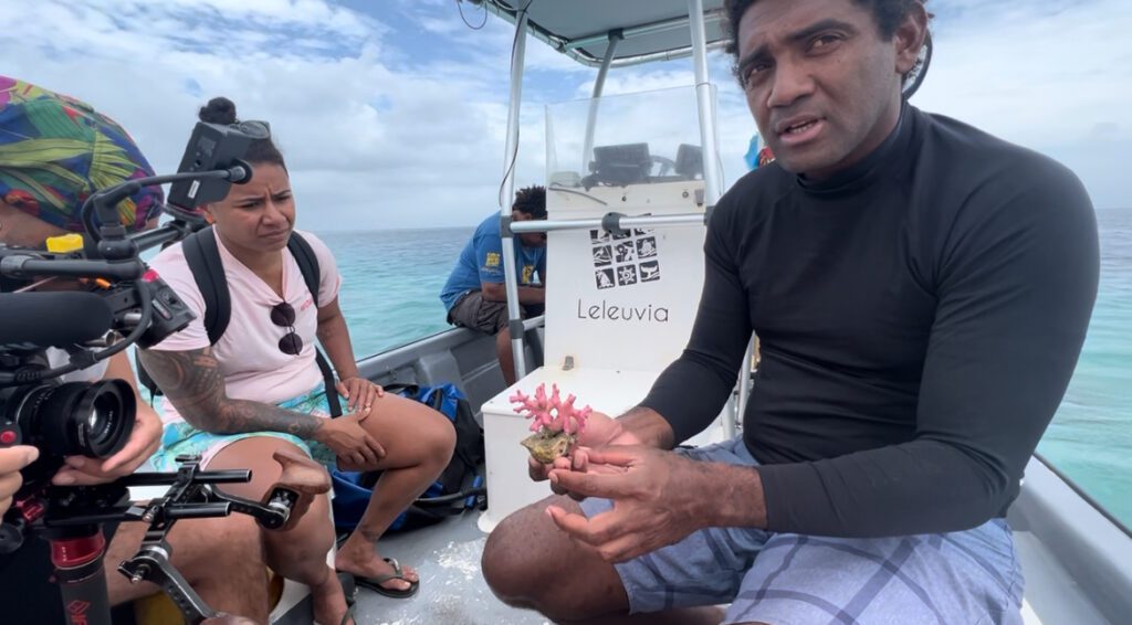 Seru Saumakidonu and his team on Leleuvia researching coral. 