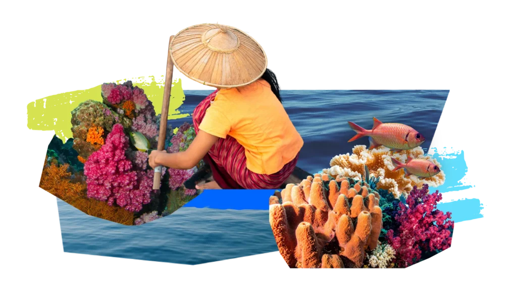 Collage of a woman in a conical hat paddling a boat above vivid soft corals and reef fish.